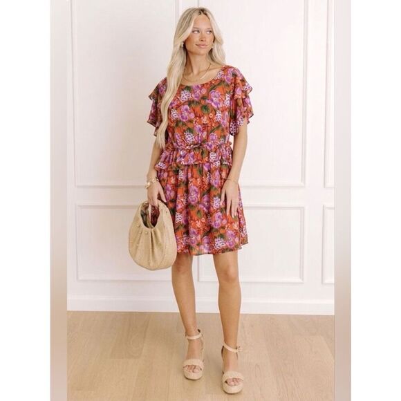 Sfera Dresses & Skirts - SFERA Collection Floral Mini Dress Ruffle Short Sleeve Femme Belted Party Size M